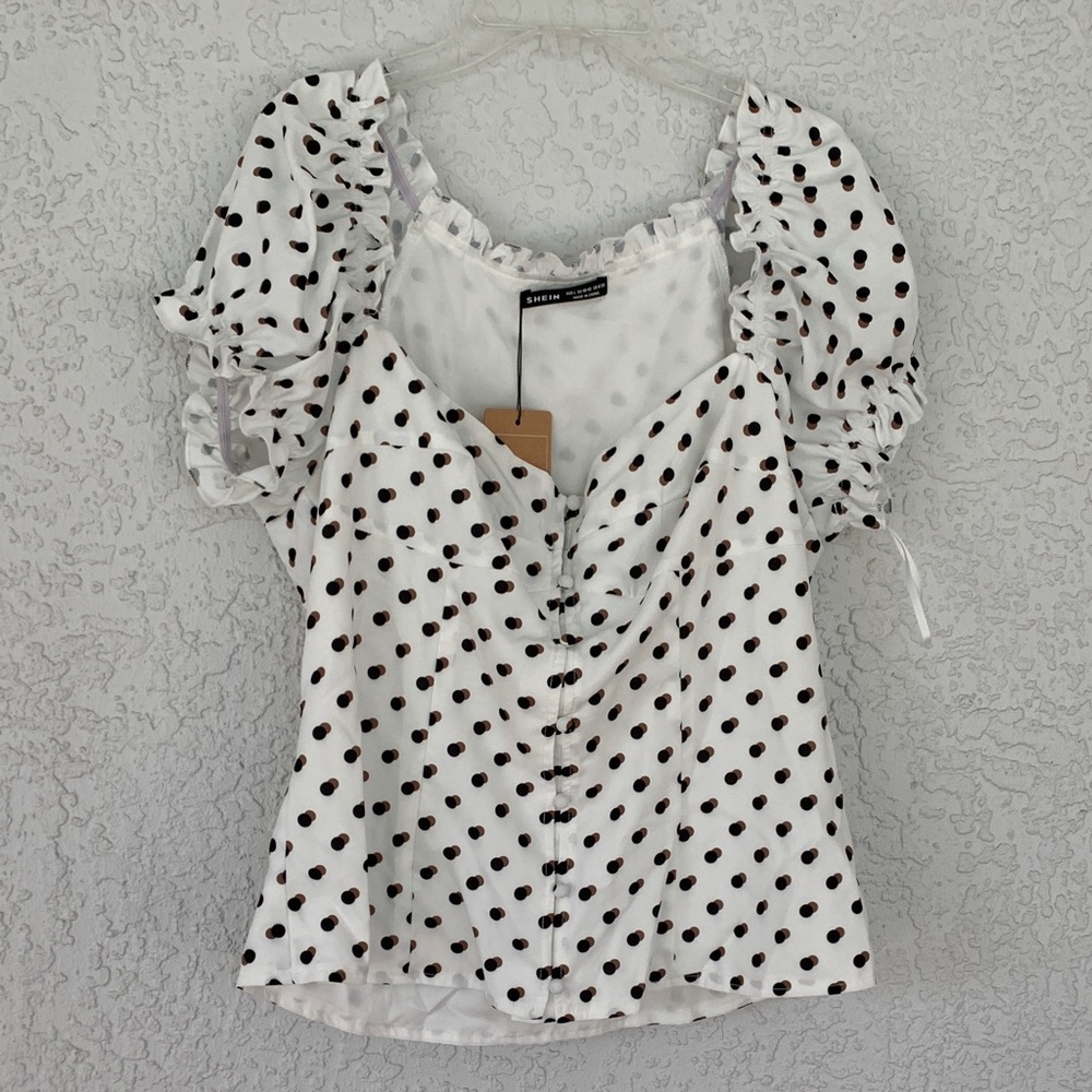 SHEIN White Blouse with Black and Brown  Polka Dots size L